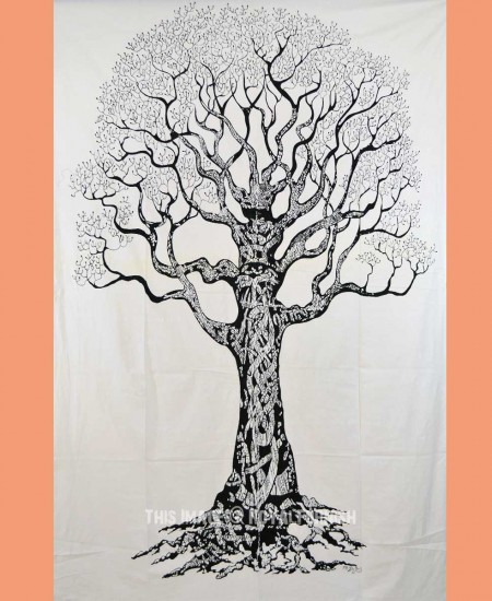 Black and White Desert Tree Cotton Tapestry Wall Hanging - RoyalFurnish.com