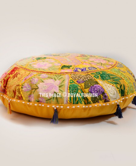 32" Round Yellow Floor Pillow Khambadiya Patchwork Cotton Vintage Cushion Pouf 