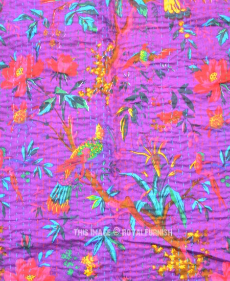 Purple Birds Paradise and Tree Branch Printed Kantha Quilt Blanket ...