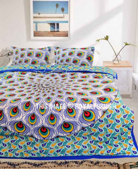 Blue Yellow Peacock Wings Mandala Boho Duvet Cover Set With 2