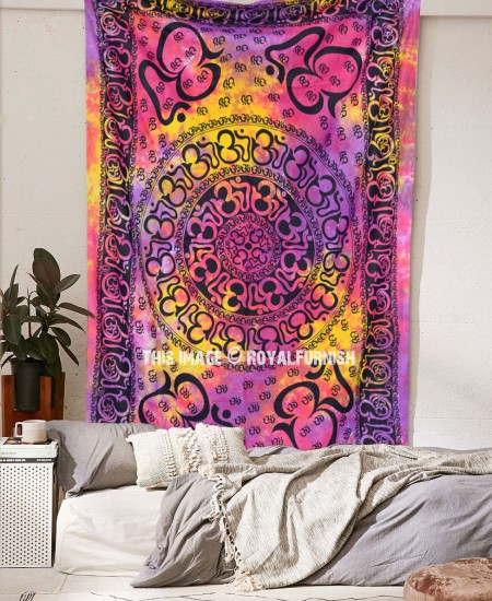 Multi Pink & Purple Hindu OM Chakra Tie Dye Tapestry Wall Hanging ...