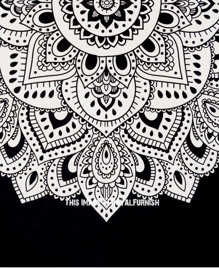 Black White Lotus Mandala Bohemian Wall Tapestry RoyalFurnish