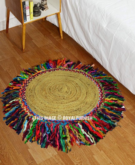 3 Ft Round Sisal Jute Colorful Fringed Area Rug - RoyalFurnish.com