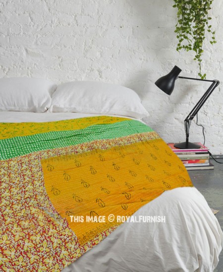 Yellow Patchwork Kantha Quilt Reversible Bedspread Cotton Handmade Bedding Twin