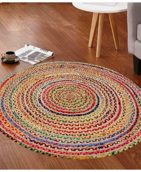 4 5 6 ft Round Colorful Natural Jute Chindi Sisal Woven Area Braided Rug Boho 